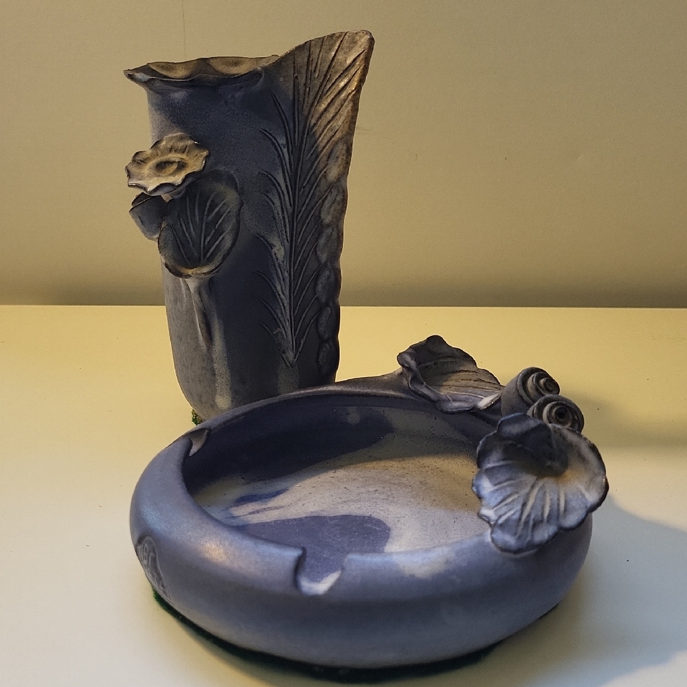 Vintage Artist Signed/Made Blue Ceramic Vase and Ashtray Set